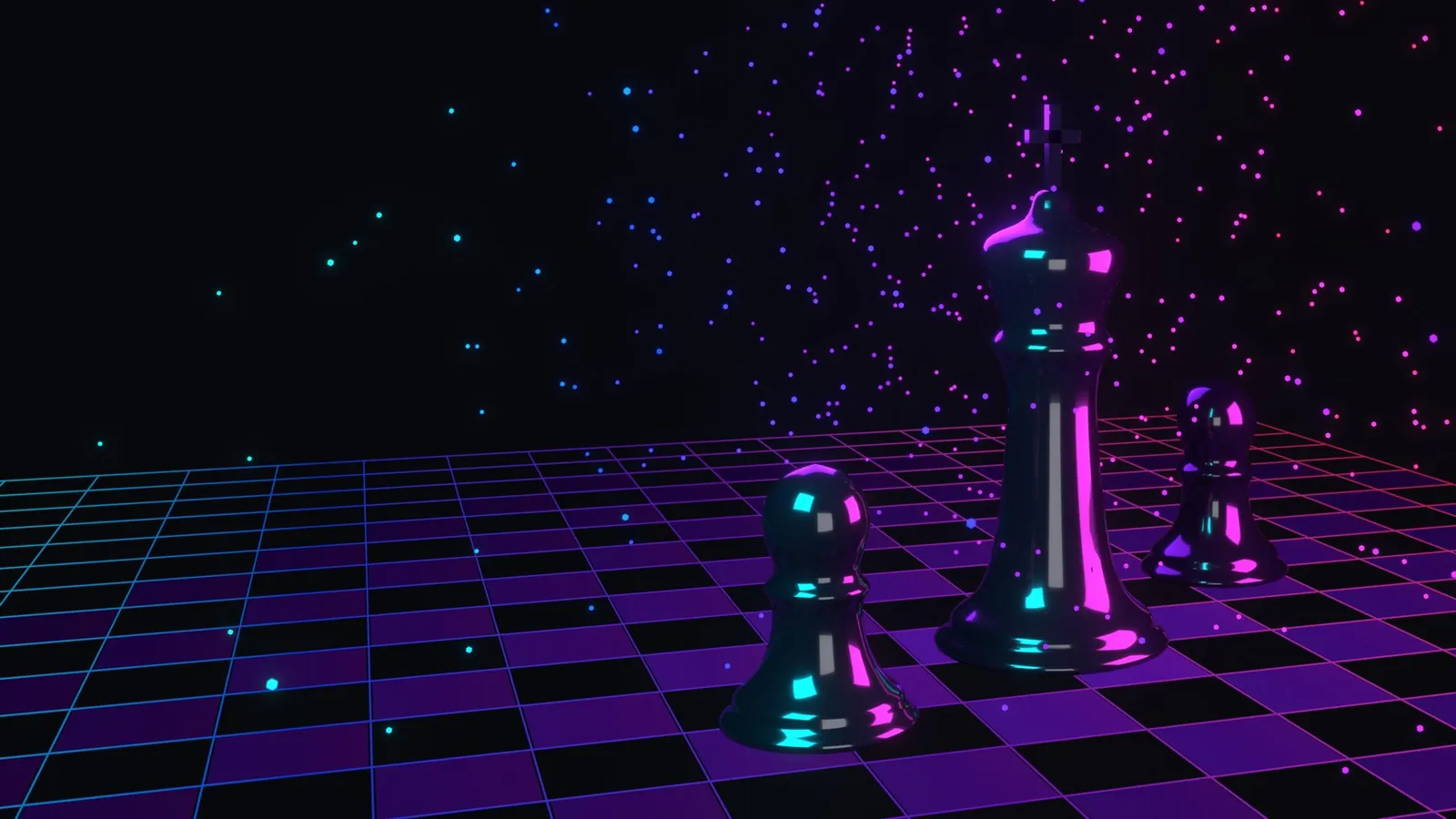 Glowing chess pieces on a neon board under a field of stars