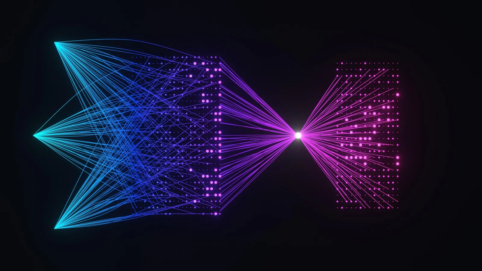 Many input lines converging to a single point, then fanning out into a grid of outcomes
